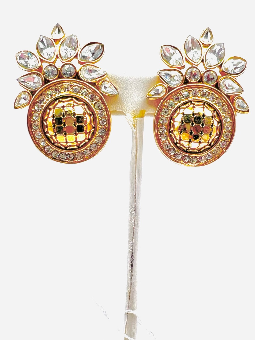 Whiting & Davis Gold and Clear Crystal Floral Disc Earrings